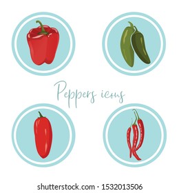  Peppers Icons In Circle. Bell Pepper, Jalapeno, Chili, Sriracha, Vector Illustration Isolated On Transparent Background