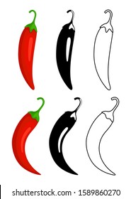 Peppers icons. Red hot chilli pepper, black and outline. Mexican or asian cuisine vector signs