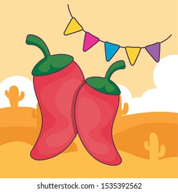 peppers mexican with desert in the background vector illustration design
