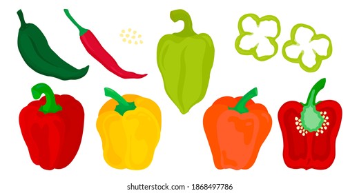 Peppers, paprika, chilies set of red, green, yellow vegetables vector illustration