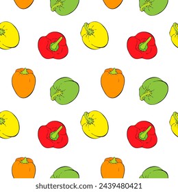 Peppers pattern on white background with red orange yellow green sweet bell peppers, hand drawn outline sketches. Vector illustration