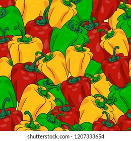 Peppers seamless pattern in red, yellow, and green color hand drawn vector illustration for wallpaper, texture, fabric, and surface design