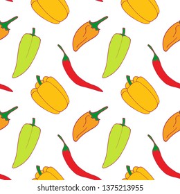 Peppers seamless pattern for wallpaper design.Two kid of pepper. Fresh ripe color food. Organic healthy vegetable.  food. Cartoon pattern on white backdrop. Vector doodle design. 