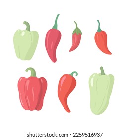 Gemüsepaprika, heiß und süß, rot und grün. Bulgarisch, Chilischoten, Paprika. Cartoon flache Vektorgrafik.