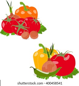 Peppers and tomato. Set of tomato, pepper, paprika, onion, chili, parsley leaves, vector illustration, isolated, on white background