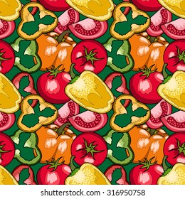 peppers and tomatoes - vector hand drawn seamless pattern