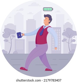 Peppy office worker walks through the city. Happy man with the briefcase. Flat character. Cute cartoon. Vector illustration