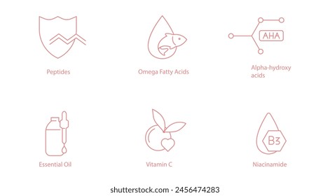 "Peptides, Omega-3, Alpha-Hydroxy Acids, Essential Oils, Vitamin C, Niacinamide Vector Icon Set