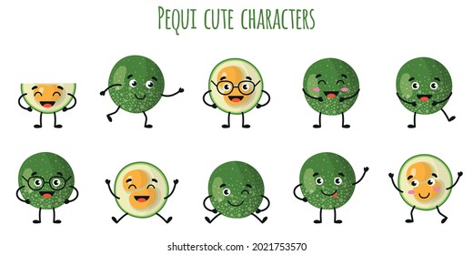 Pequi fruit cute funny cheerful characters with different poses and emotions. Natural vitamin antioxidant detox food collection. Vector cartoon isolated illustration. Children concept.