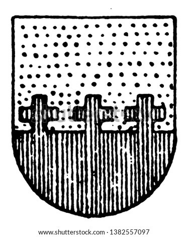 Per Fesse Potented Ordinary is in or and gules, vintage line drawing or engraving illustration.