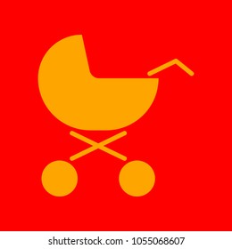 Perambulator, baby pram, baby buggy icon. Vector. Orange icon with white holes if exist at red background. Isolated.