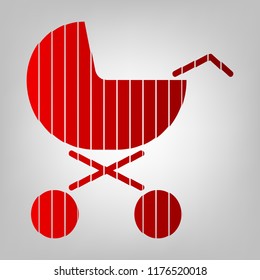Perambulator, baby pram, baby buggy icon. Vector. Vertically divided icon with colors from reddish gradient in gray background with light in center.