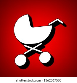 Perambulator, baby pram, baby buggy icon. Vector. Perspective view of white icon with black outline at reddish background.
