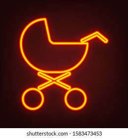 Perambulator, baby pram, baby buggy icon. Yellow, orange, red neon icon at dark reddish background. Illumination. Illustration.