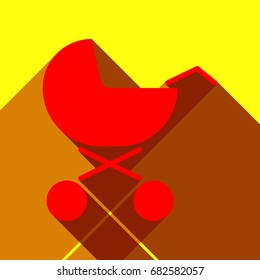 Perambulator, baby pram, baby buggy icon. Vector. Red icon with two flat reddish shadows on yellow background.