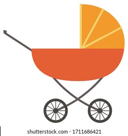 Perambulator with wheels and handle vector. Isolated pram for newborn kids and toddlers. Transportation of baby in pram. Gender-neutral carriage or buggy of orange color icon flat style illustration