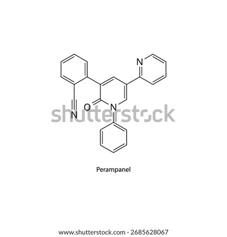 Perampanel molecular structure, selective AMPA receptor antagonist anticonvulsant drug for partial and generalized seizures, clean scientific vector diagram, flat skeletal chemical formula isolated