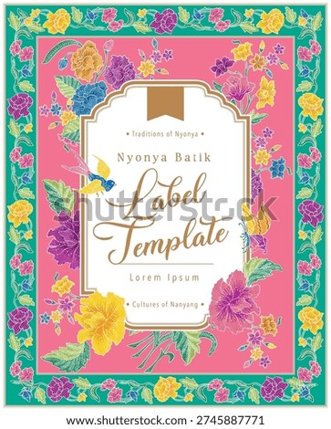 Peranakan Premium Peonies Batik Label Vertical Template.