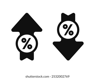 Percent arrow up and down with circle frame flat style for icon, symbol, percentage growth, decline, logo, label, insigna, seal, tag, sign, seal, badge, stamp, sticker. Vector Illustration