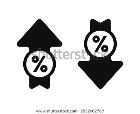 Percent arrow up and down with circle frame flat style for icon, symbol, percentage growth, decline, logo, label, insigna, seal, tag, sign, seal, badge, stamp, sticker. Vector Illustration