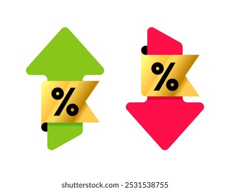 Percent arrow up and down with gold ribbon flat style for icon, symbol, percentage growth, decline, logo, label, insigna, seal, tag, sign, seal, badge, stamp, sticker. Vector Illustration