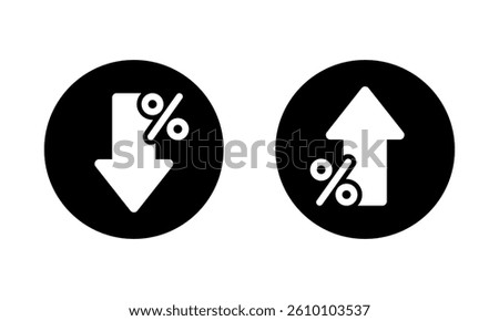 Percent arrow down and up icon on black circle. Percentage decline and growth sign symbol