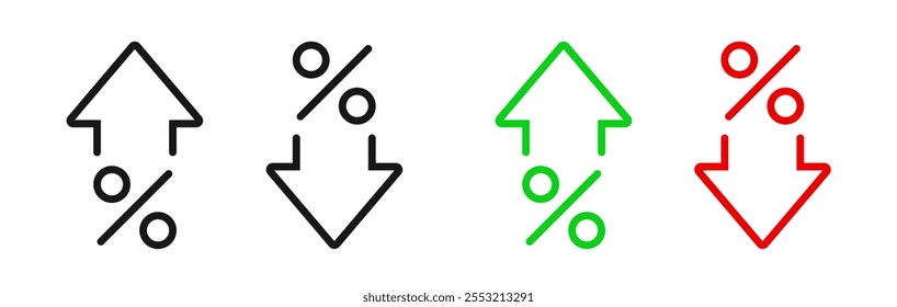 Percent arrow up and down icon set. Percentage arrow symbol. Credit rating icons vector