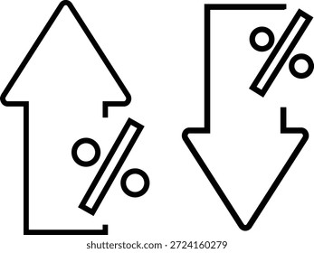 Prozentualer Pfeil nach oben nach unten Symbolsatz. Fluktuationssymbole bewerten Symbole für prozentuale Erhöhung und Verringerung. Datenanalysezeichen. Prozentpfeilsymbol 