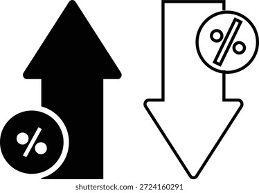 Prozentualer Pfeil nach oben nach unten Symbolsatz. Fluktuationssymbole bewerten Symbole für prozentuale Erhöhung und Verringerung. Datenanalysezeichen. Prozentpfeilsymbol 