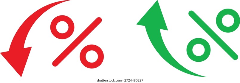 Prozentualer Pfeil nach oben nach unten Symbolsatz. Symbole für prozentuale Erhöhung und Verringerung. Datenanalysezeichen. Prozentpfeilsymbol. Symbole für Ratenfluktuationen
