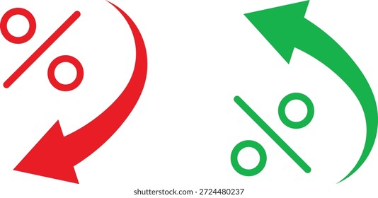 Prozentualer Pfeil nach oben nach unten Symbolsatz. Symbole für prozentuale Erhöhung und Verringerung. Datenanalysezeichen. Prozentpfeilsymbol. Symbole für Ratenfluktuationen