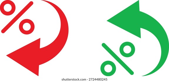 Prozentualer Pfeil nach oben nach unten Symbolsatz. Symbole für prozentuale Erhöhung und Verringerung. Datenanalysezeichen. Prozentpfeilsymbol. Symbole für Ratenfluktuationen