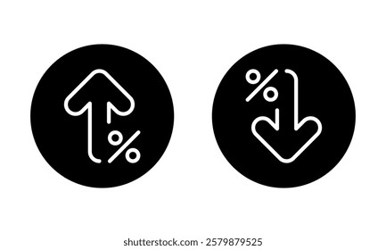 Percent arrow up and down outline icon on black circle. Percentage growth and decline arrows sign symbol