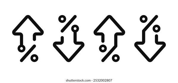 Prozentualer Pfeil nach oben und nach unten Umriss für Symbol, Symbol, prozentuales Wachstum, Rückgang, Logo, Label, Insigna, Siegel, Tag, Zeichen, Siegel, Abzeichen, Stempel, Aufkleber. Vektorgrafik