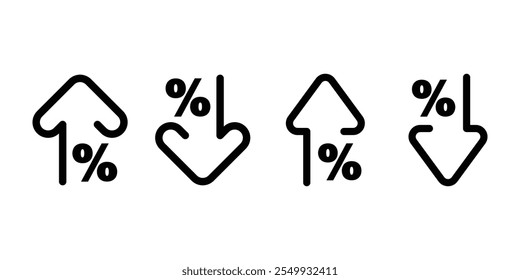 Estilo de contorno de flecha hacia arriba y hacia abajo para icono, símbolo, crecimiento porcentual, disminución, logotipo, etiqueta, insignia, sello, etiqueta, signo, sello, insignia, sello, sello, etiqueta engomada. Ilustración vectorial