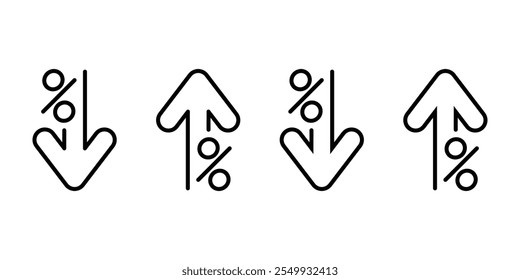 Percent arrow up and down outline style for icon, symbol, percentage growth, decline, logo, label, insigne, insignia, seal, tag, sign, seal, badge, stamp, sticker. Vector Illustration