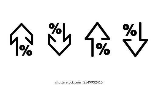Estilo de contorno de flecha hacia arriba y hacia abajo para icono, símbolo, crecimiento porcentual, disminución, logotipo, etiqueta, insignia, sello, etiqueta, signo, sello, insignia, sello, sello, etiqueta engomada. Ilustración vectorial