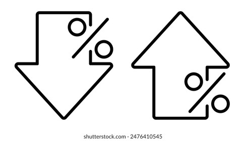 Icono de contorno de signo de flecha arriba y abajo aislado, símbolo de línea arriba y abajo de flecha de porcentaje colección, símbolo de crecimiento porcentual y signo de disminución - Vector
