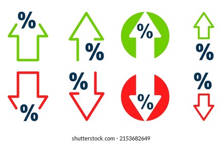 Percent arrow up and down vector icons set. Percentage arrows. Growth and decrease. Arrows with increase or reduce.