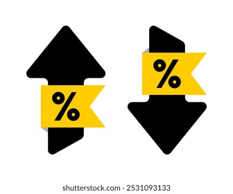 Percent arrow up and down with yellow ribbon flat style for icon, symbol, percentage growth, decline, logo, label, insigna, seal, tag, sign, seal, badge, stamp, sticker. Vector Illustration