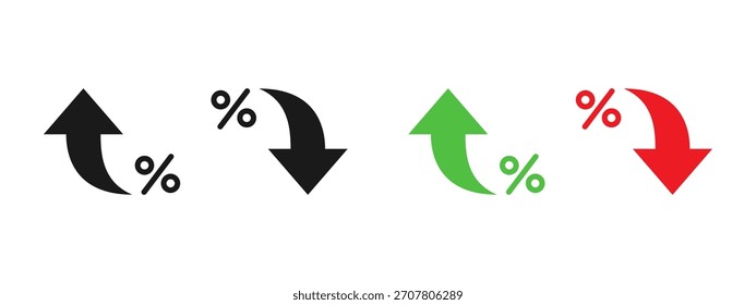 Icono de flecha porcentual. Flechas curvadas hacia arriba y hacia abajo con signos de porcentaje que muestran crecimiento y disminución de la Ilustración vectorial. Cambios en las tasas de mercado, análisis de tendencias financieras y señales de movimiento de datos económicos.