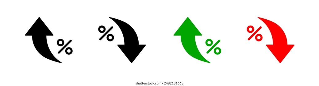 Prozentpfeilsymbol. Wachstum, Erhöhung, Verringerung mit Pfeilen gefüllte Symbole. Pfeile nach oben und nach unten. Vektorgrafik