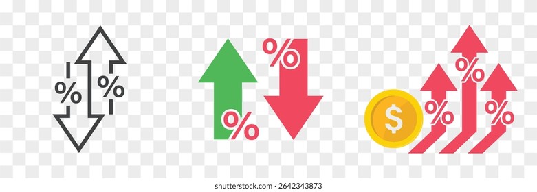 Percent arrow icon. Growth, increase, decrease arrow filled icons. statistics icons. red , green line icon. Design concept for banking, credit, interest rate, dollar rate, finance and money .vector 