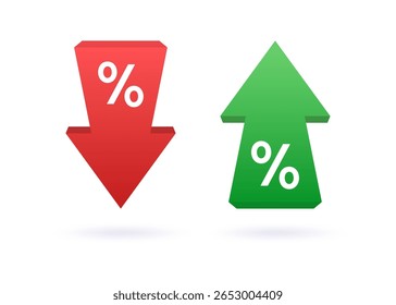 Percent arrow icon. Growth, increase, decrease arrow icons. Low price. Profit and loss trading of trader. Percentage with arrow up and dow. Green arrow up and red down. Vector illustration