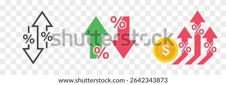 Percent arrow icon. Growth, increase, decrease arrow filled icons. statistics icons. red , green line icon. Design concept for banking, credit, interest rate, dollar rate, finance and money .vector 