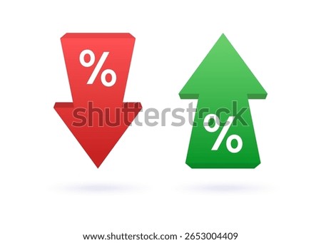 Percent arrow icon. Growth, increase, decrease arrow icons. Low price. Profit and loss trading of trader. Percentage with arrow up and dow. Green arrow up and red down. Vector illustration