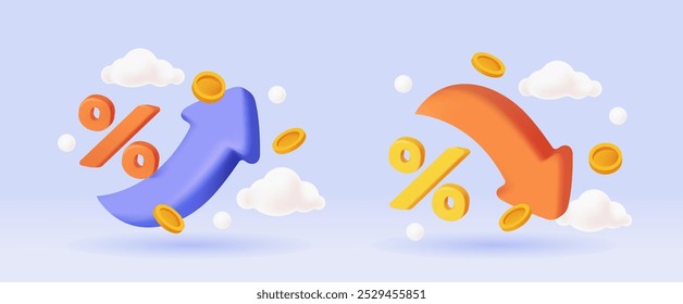 Ícone de seta de percentual definido. Conjunto de cartazes publicitários com sinal de porcentagem, moedas, setas para cima e para baixo. Aumento e diminuição dos preços. Finanças e Economia. Ilustração de vetor 3D em estilo plasticina