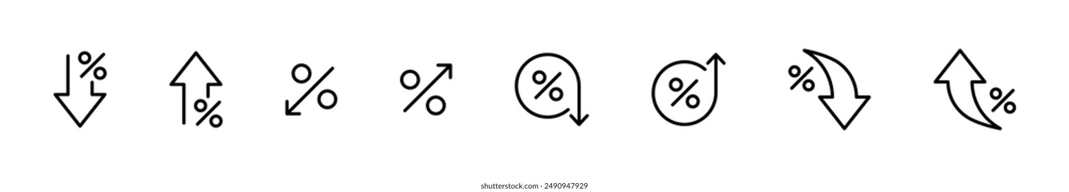 Percent arrow icon set. Increase, decrease percent outline icons. Up, Down percentage symbol. Vector