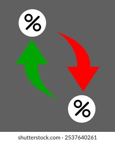 Prozentpfeil-Symbol, Vektorgrafik, Symbol für prozentuales Wachstum und Rückgang. Prozentuale Pfeilsymbole nach oben und unten, Wachstum, Erhöhung, Verringerung der Pfeilsymbole, Aufwärtspfeile, Abwärtspfeile, Handelssymbol einzeln