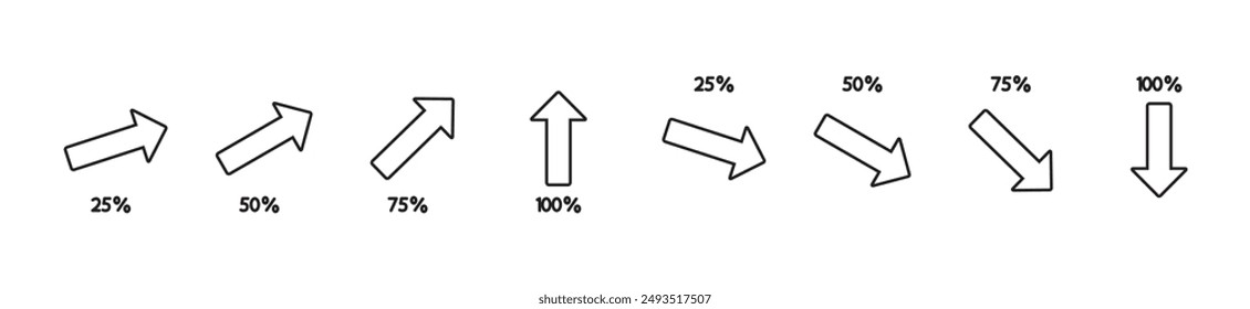 Percent arrow line icon with up and down arrows, Arrow sign with percentage increase collection of percent up and down arrow line symbols, percentage growth and decrease vector signs in transparent .